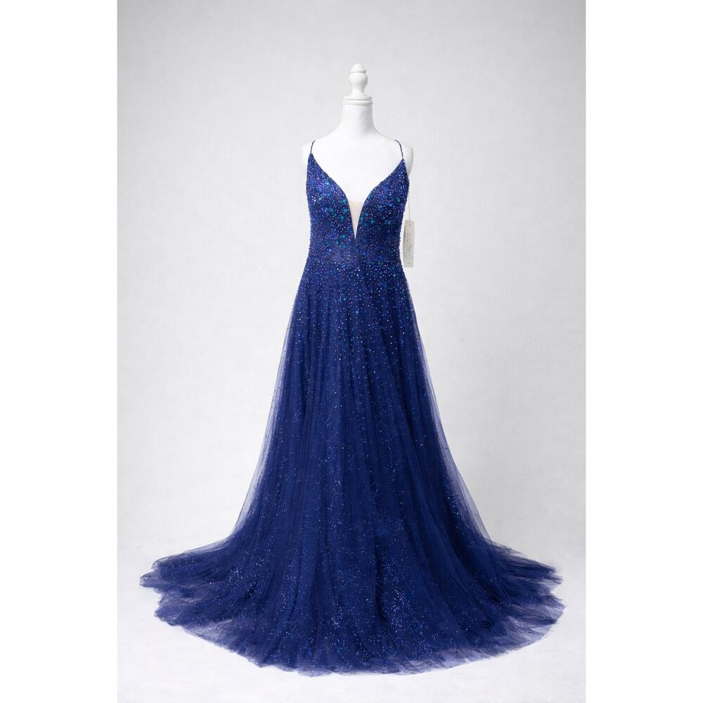 Jovani 08408B Navy Sequin Illusion Plunge A-Line Gown Size 22 NWT